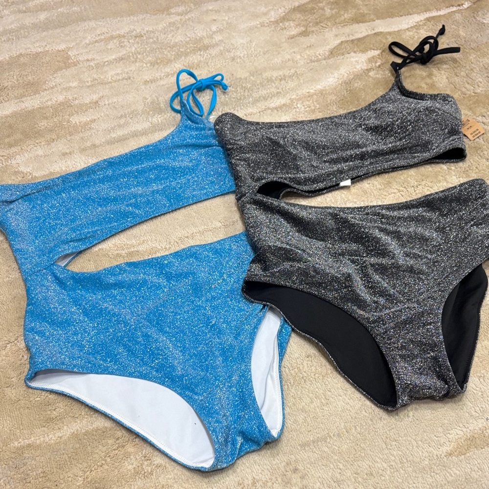 PINK- bundle of Shimmery Blue One-Piece Swimsuit & Metallic Black Bikini Set